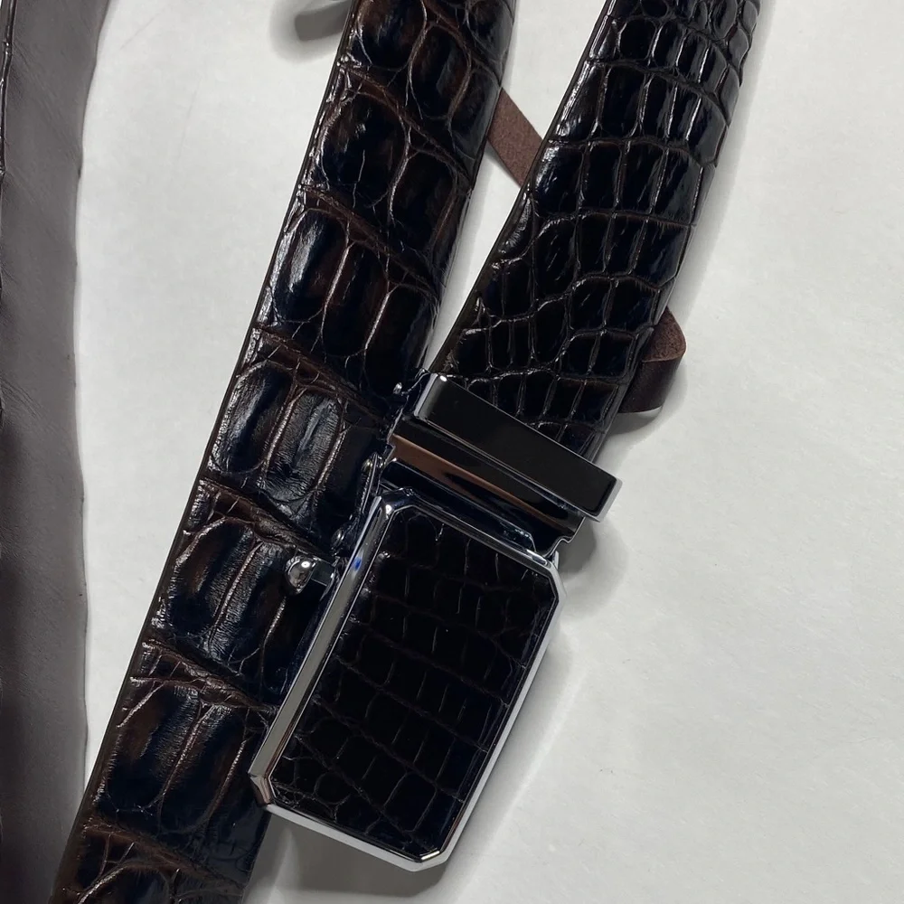 Elegant Black Crocodile-Embossed Leather Belt with Silver Buckle